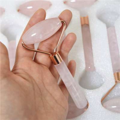 Wholesale Rose Gold Metal Rose Quartz Facial Roller Single Head Welding Rose Quartz Facial Massage Jade Roller