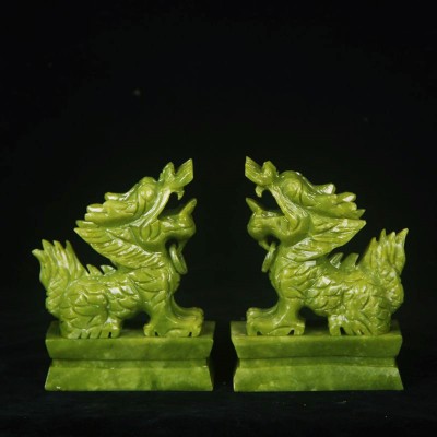 Pair Of Green Jade Pixiu Statue For Fengshui