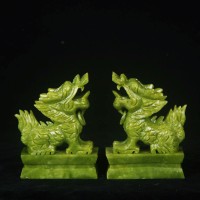 Pair Of Green Jade Pixiu Statue For Fengshui