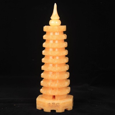 Yellow Jade Pagoda Carved Hardstone Jade Statue Figure